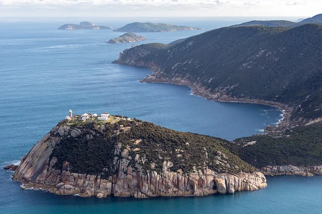 Aerial view of a rocky headland and islands off Wilsons Promontory