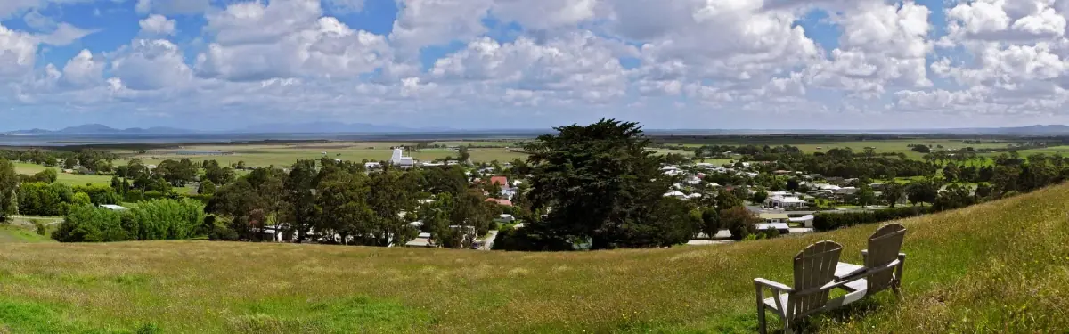 Panorama of green hills above Toora