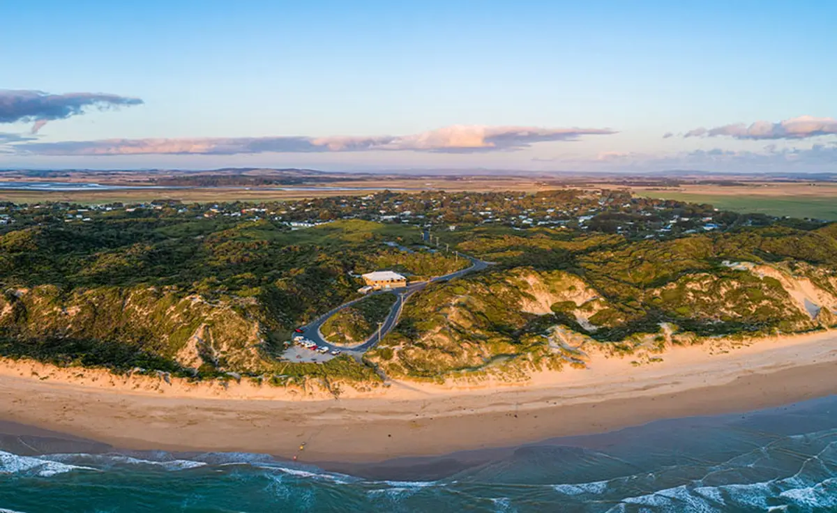Aerial view of the beaches and dunes at Venus Bay at sunset
